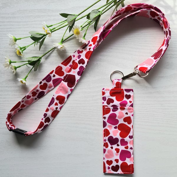 Handmade Lanyard & Pen Holder Set Red Pink Hearts Cotton Teacher Gift