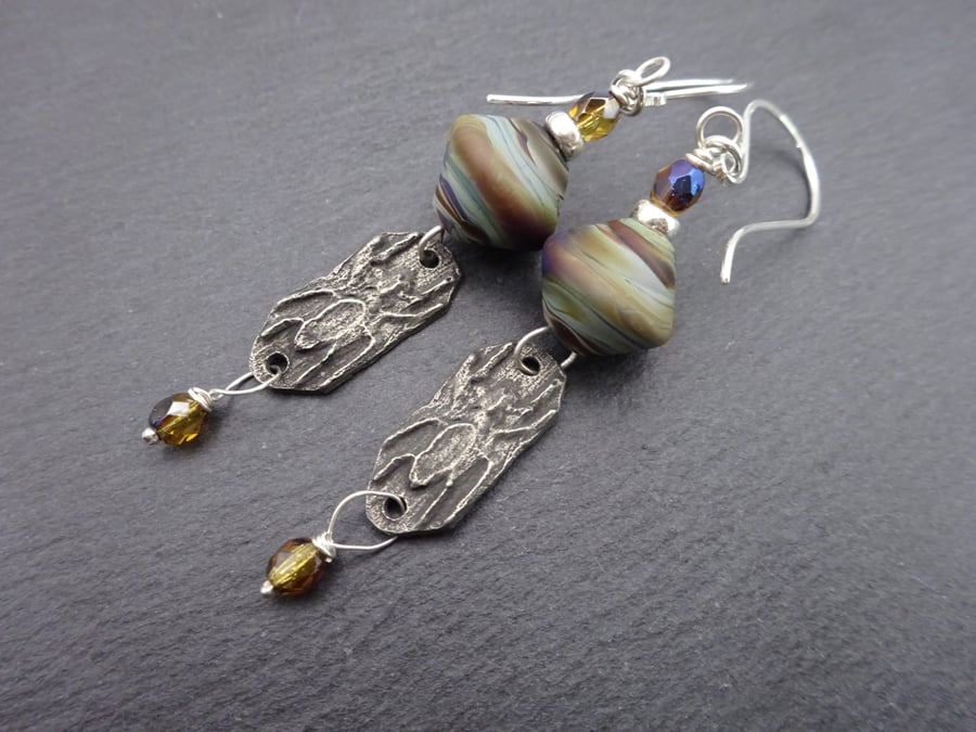 brown lampwork glass earrings, pewter spider halloween jewellery