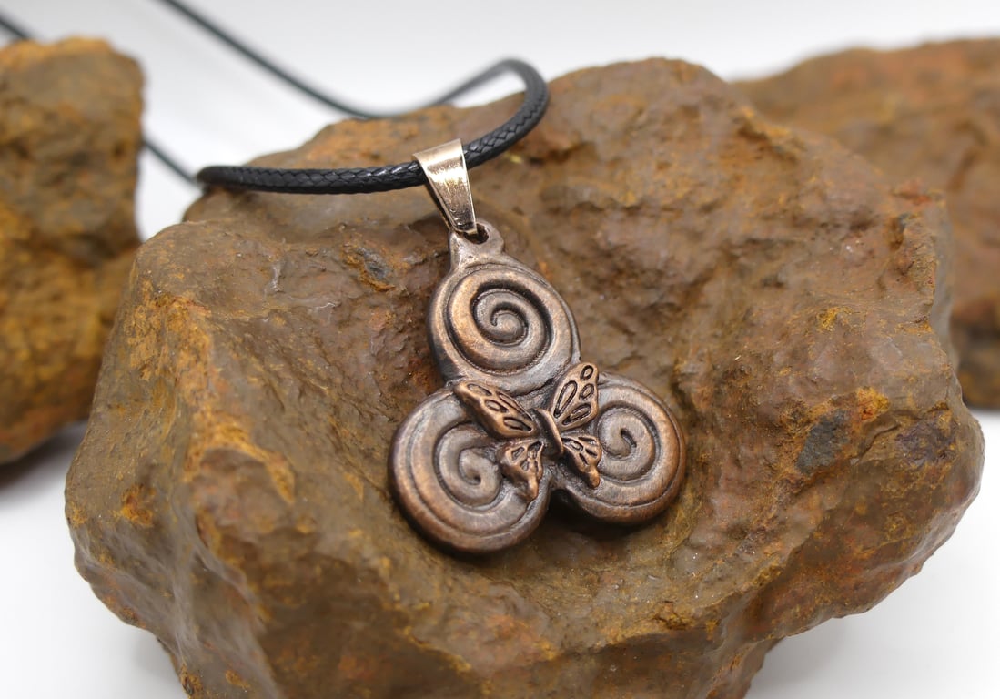 Recycled Copper Triskele Pendant with Butterfly in Centre, Necklace.