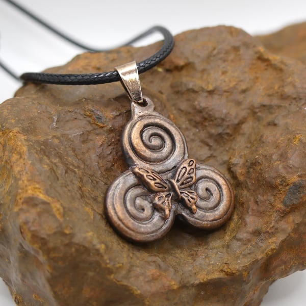 Recycled Copper Triskele Pendant with Butterfly in Centre, Necklace.