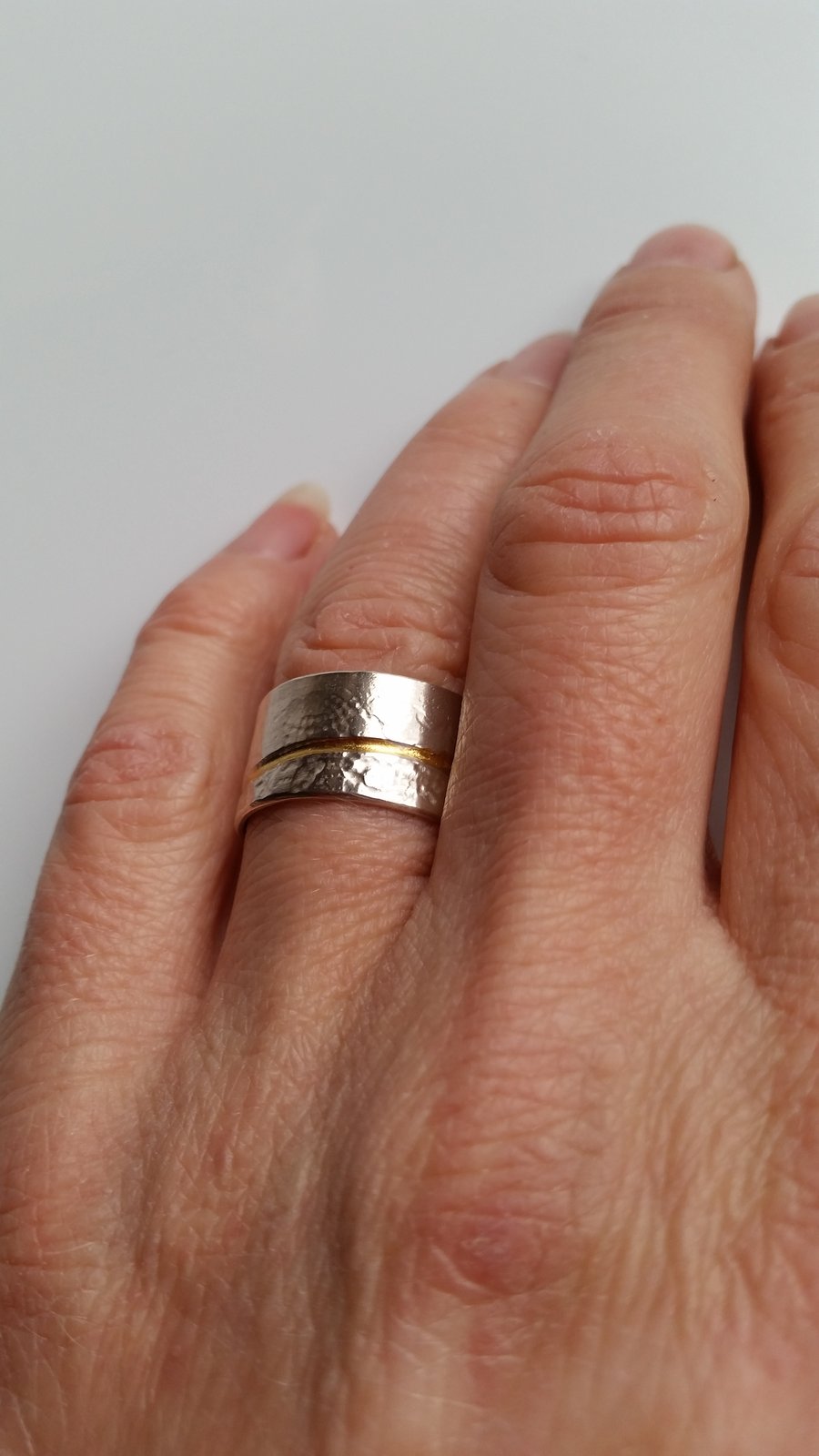 SALE Handmade silver and gold textured ring, patterned wide silver ring  