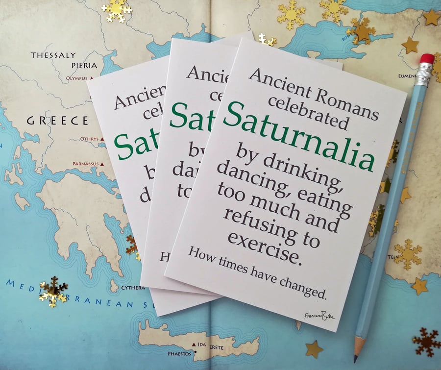 4 Saturnalia Roman Mythology Funny Christmas Cards, 1 Study Like Athena Pencil
