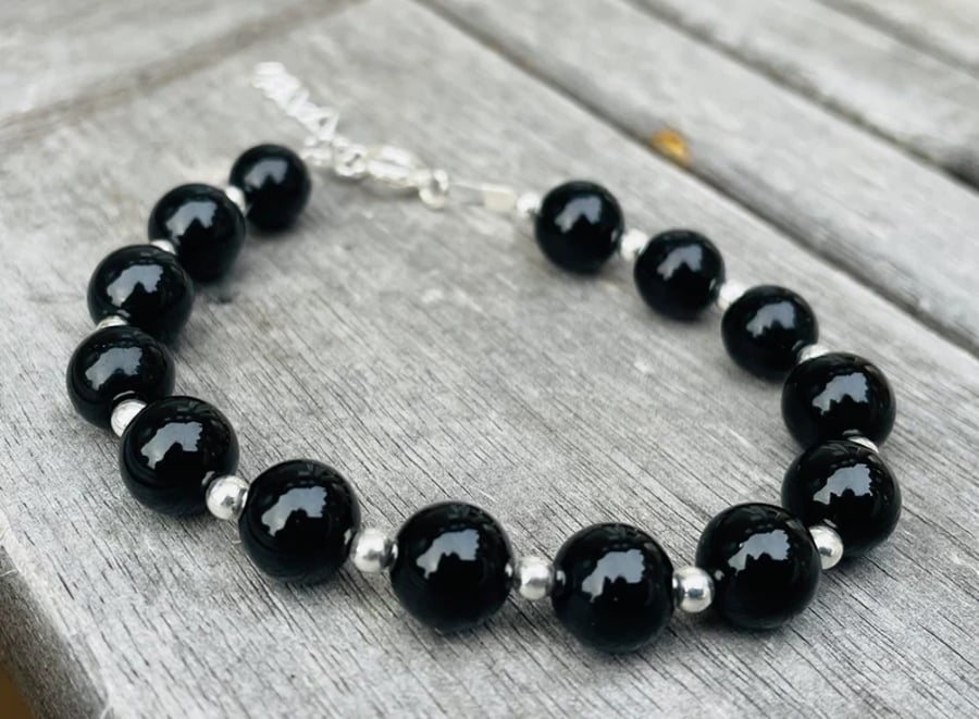 Onyx snd Silver Bracelet, Grade A Onyx and Silver Bead Bracelet, Unisex Bracelet