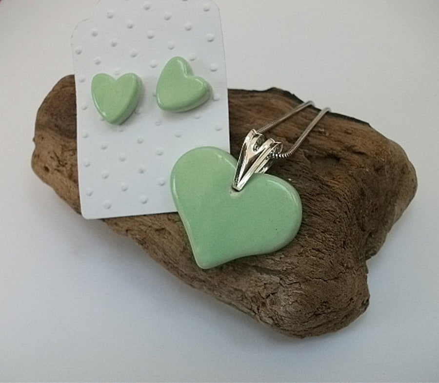 SALE-Ceramic heart pendant necklace and earring set - sterling silver - "Minted"