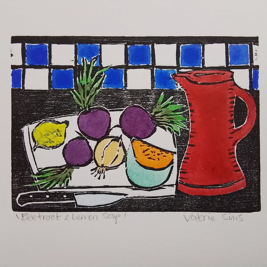 Beetroot & Lemon Soup - Woodcut Print - Original Art for the Kitchen