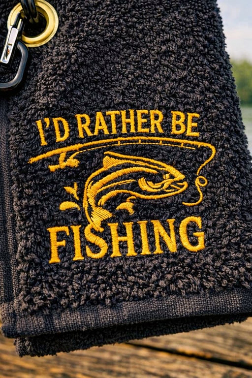 I'd Rather Be Fishing Embroidered Hanging Small 30x50 cm Towel – Black & Gold