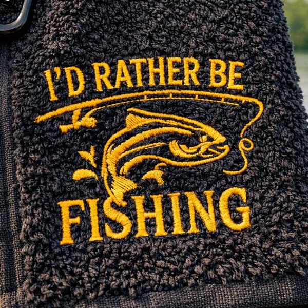 I'd Rather Be Fishing Embroidered Hanging Small 30x50 cm Towel – Black & Gold