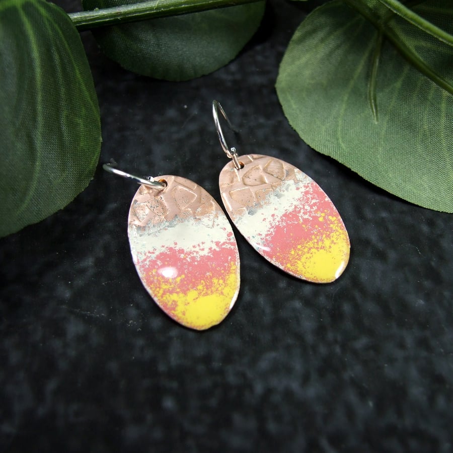 Earrings, Orange Yellow and White Droppers. Copper with Enamel