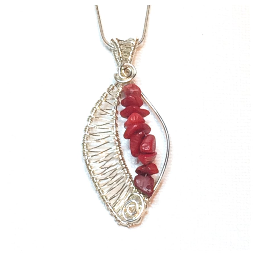 Sterling Silver Coral Leaf Pendant, Wire Wrapped 