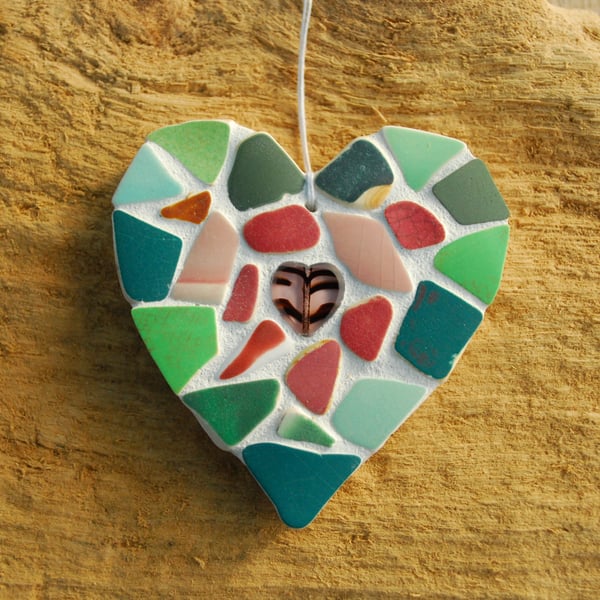 Pink and green mosaic heart hanger from beach pottery