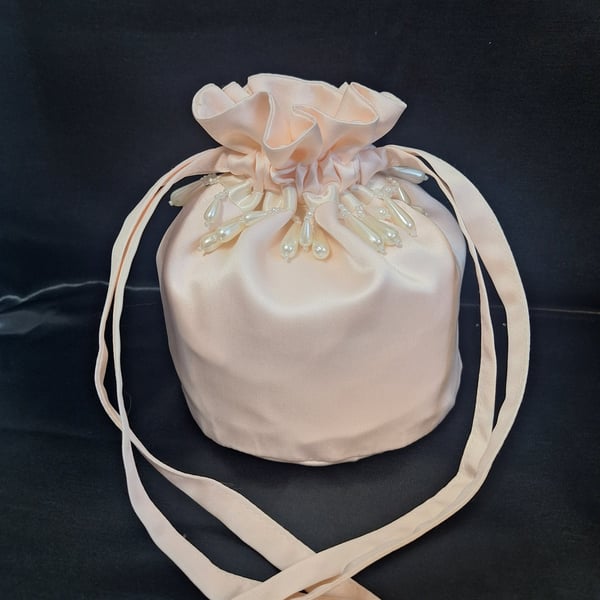 Baby pink Duchess satin drawstring pouch, Potli bag with beaded detail trim.