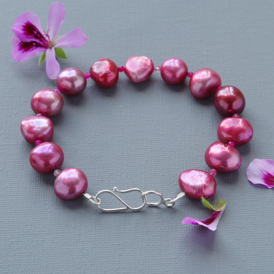 Red Freshwater Pearl Red Agate Gemstone Boho Bracelet Sterling Silver Hook Clasp