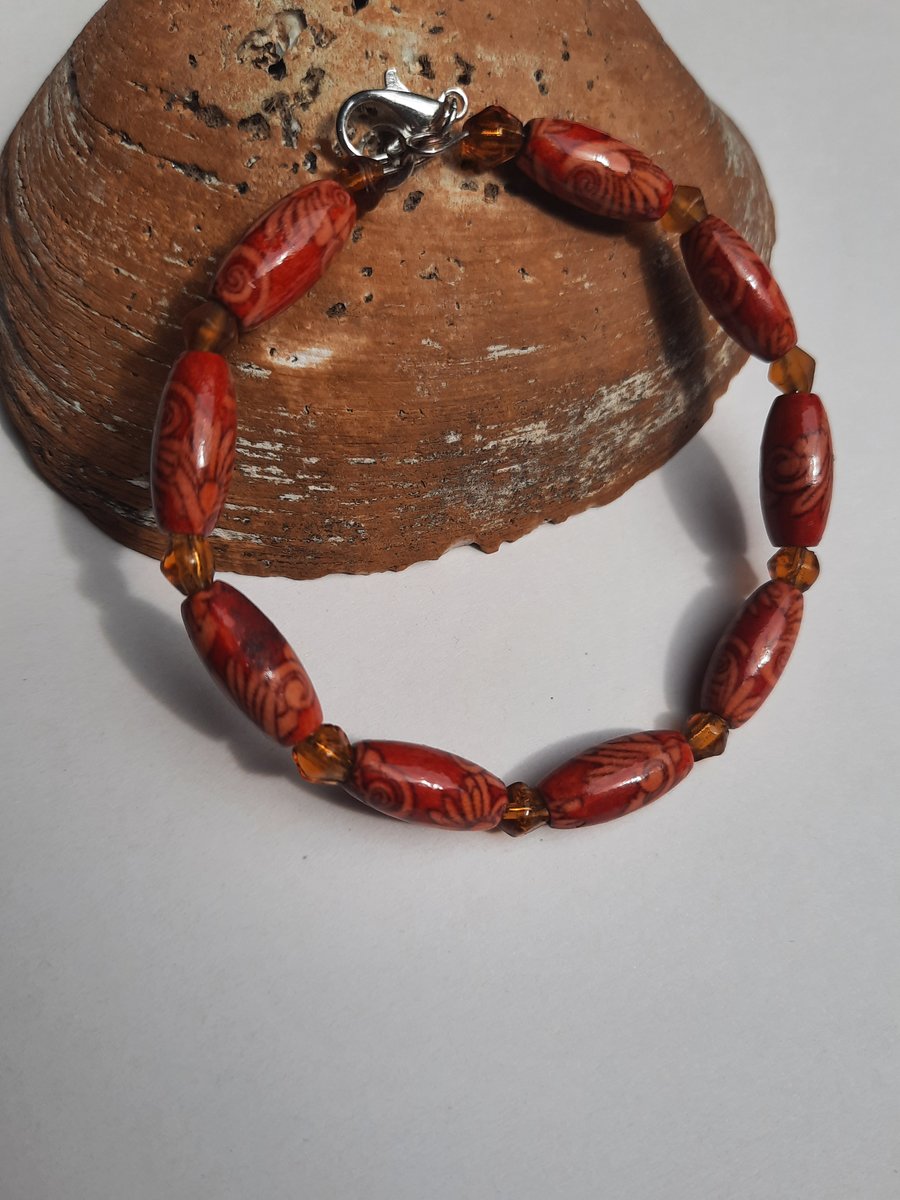 Beaded  Bracelet with Orange and Brown Beads