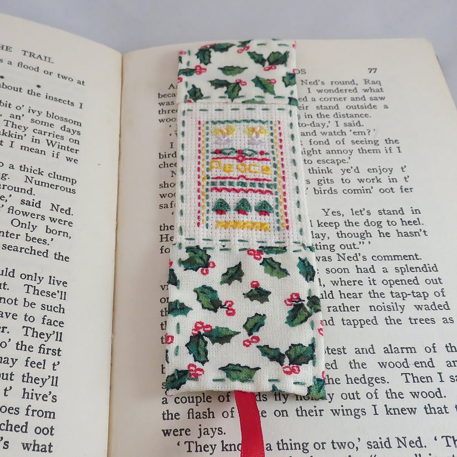 Christmas Bookmark - Miniature sampler and holly fabric