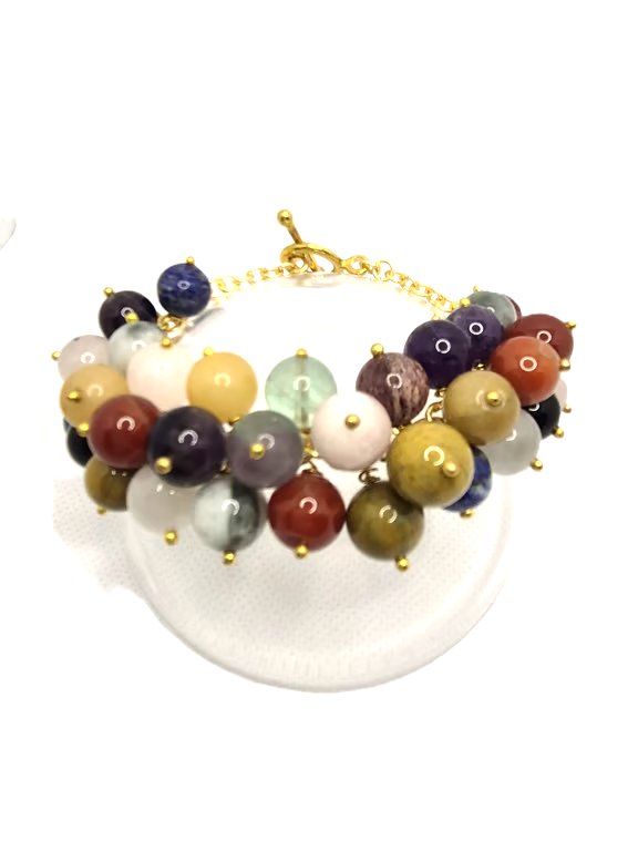 Multi coloured and multi gemstone bubble bracelet on gold coloured chain