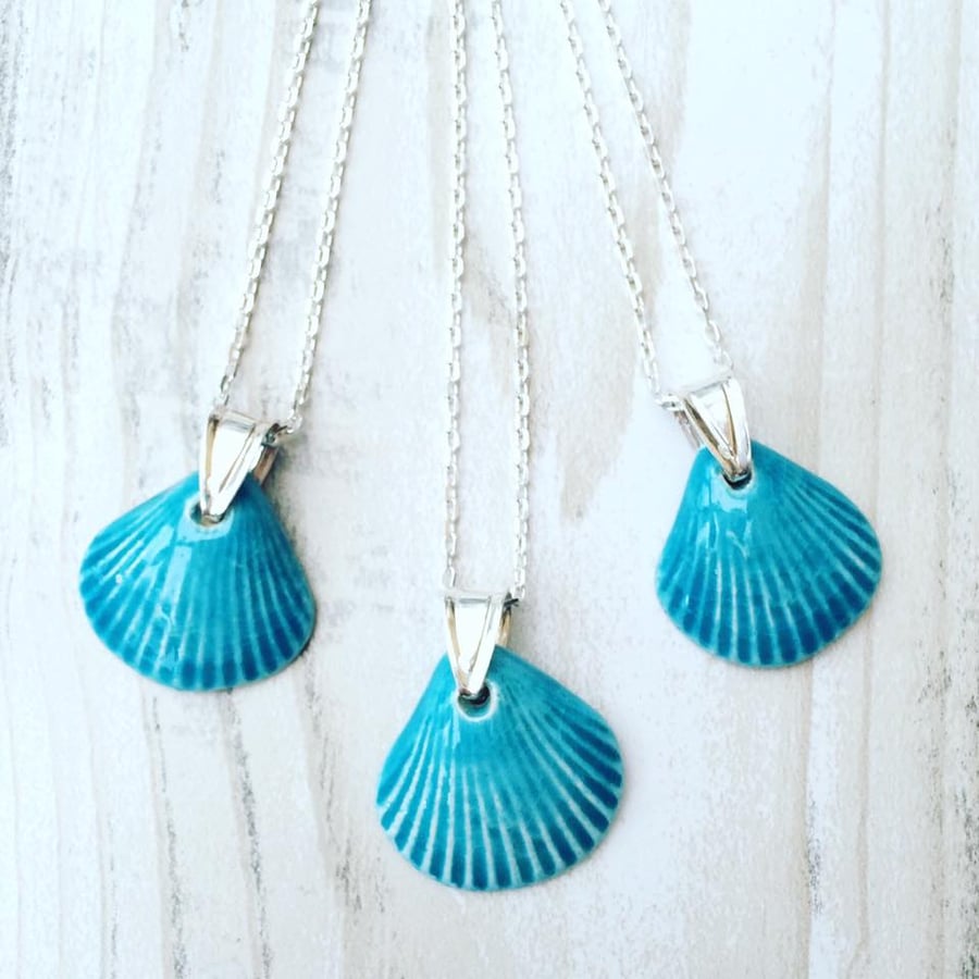 Turquoise Ceramic shell pendant necklace on sterling silver chain