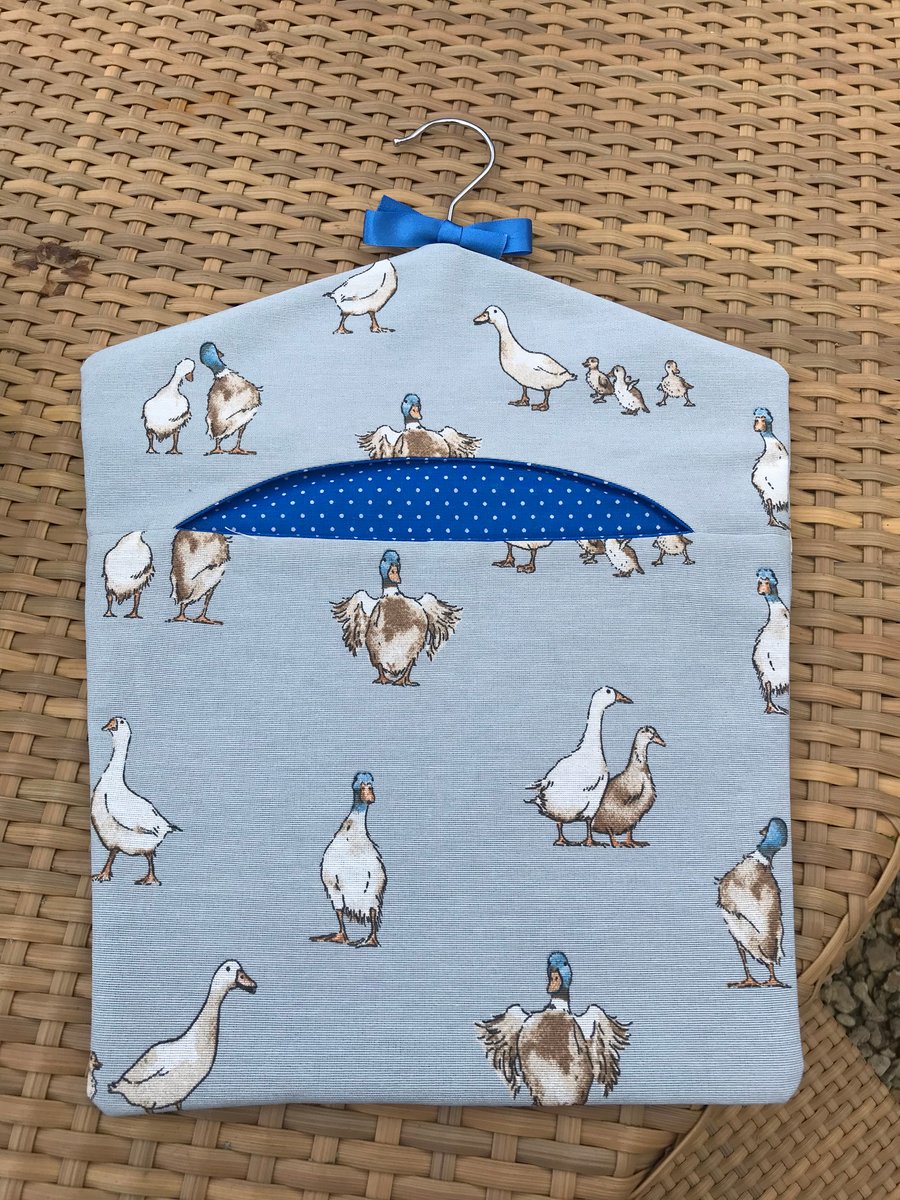 Peg Bag in Pretty Blue Duck and Geese Fabric, Pegbag with Hanger
