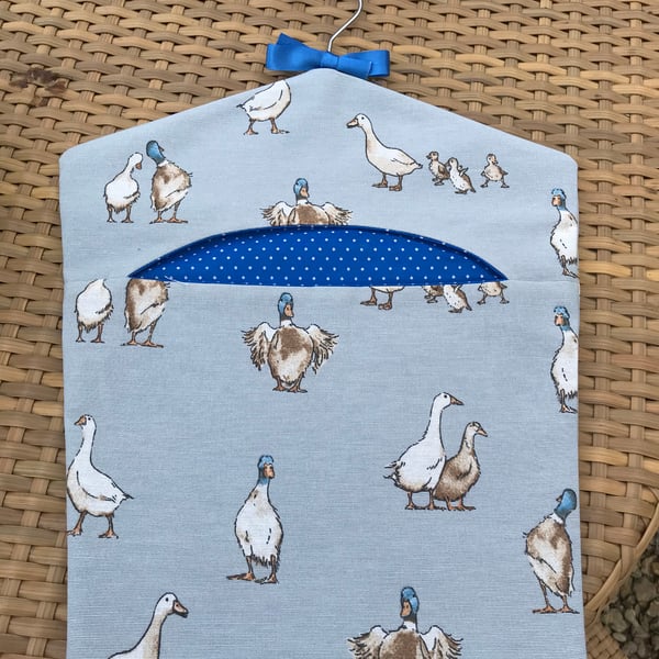 Peg Bag in Pretty Blue Duck and Geese Fabric, Pegbag with Hanger
