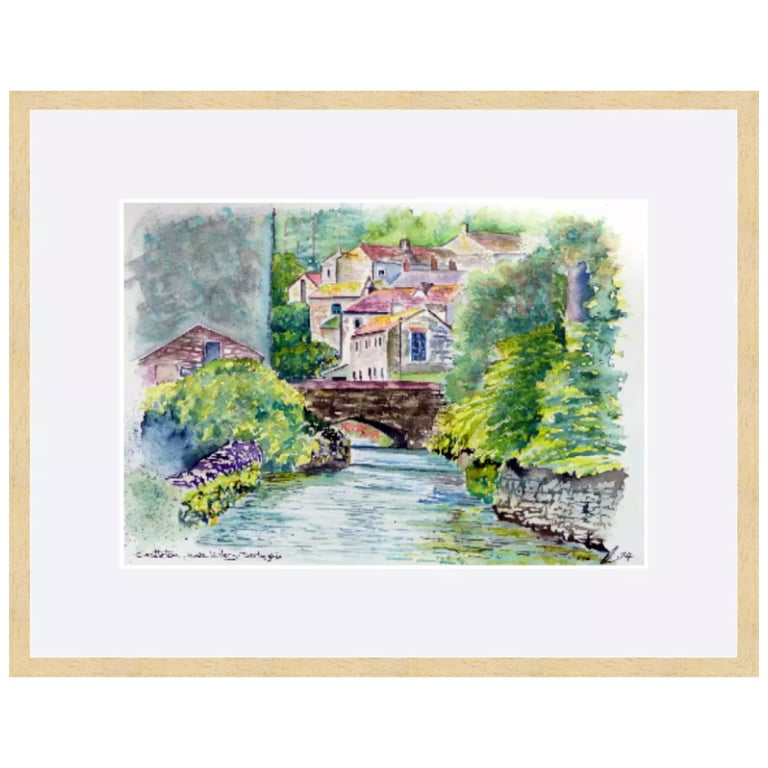 Village Street  Bridge Over River Impressionist Original Watercolour Painting 