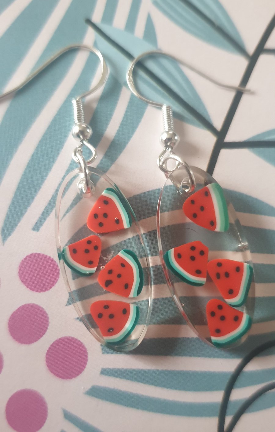 Oval watermelon resin earrings