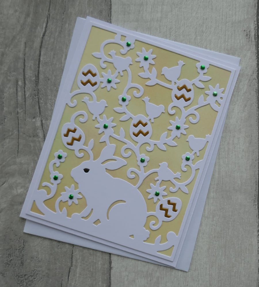 Rabbit with Easter Eggs, Flowers and Birds - Easter Card