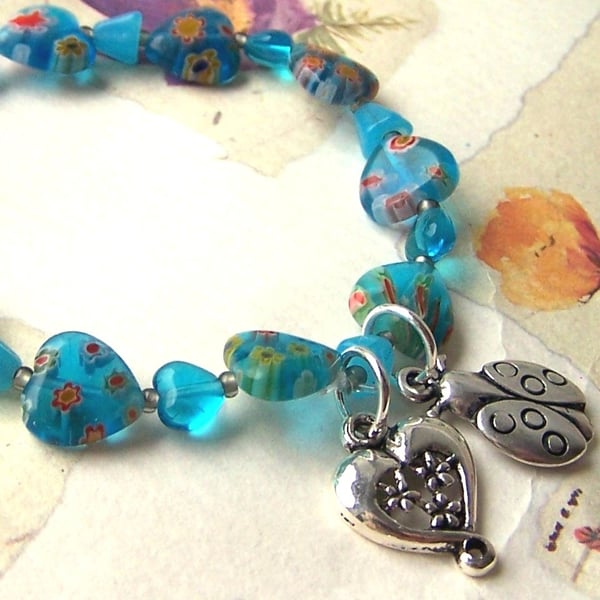 SALE Turquoise Charm Bracelet, Hearts and Flowers, Ladybird and Heart Charms