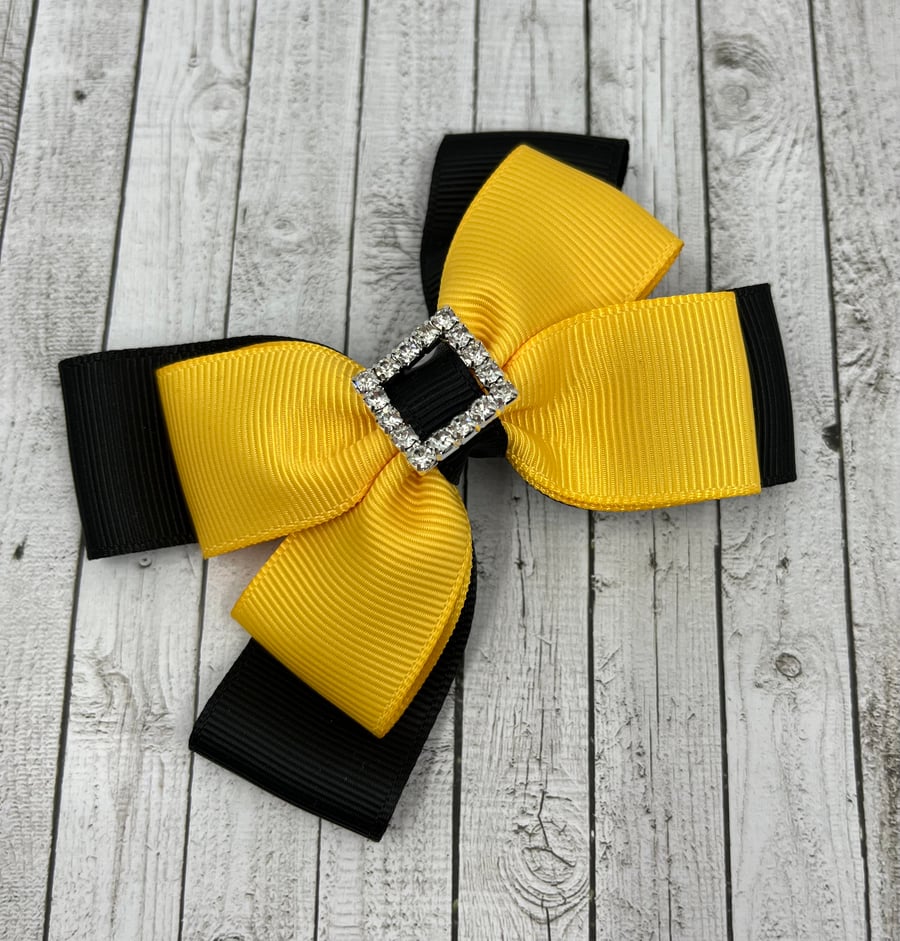Black and Yellow Gold Double Layer Bow on Clip