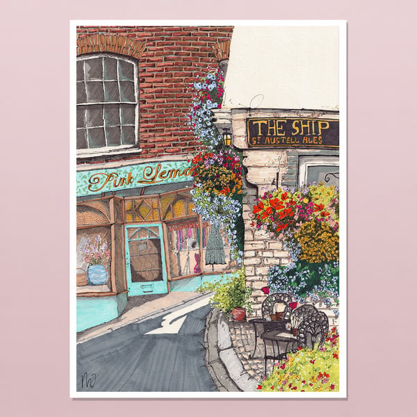 The Ship Fowey Print - Cornwall Pub Illustration - Coastal Wall Art UK