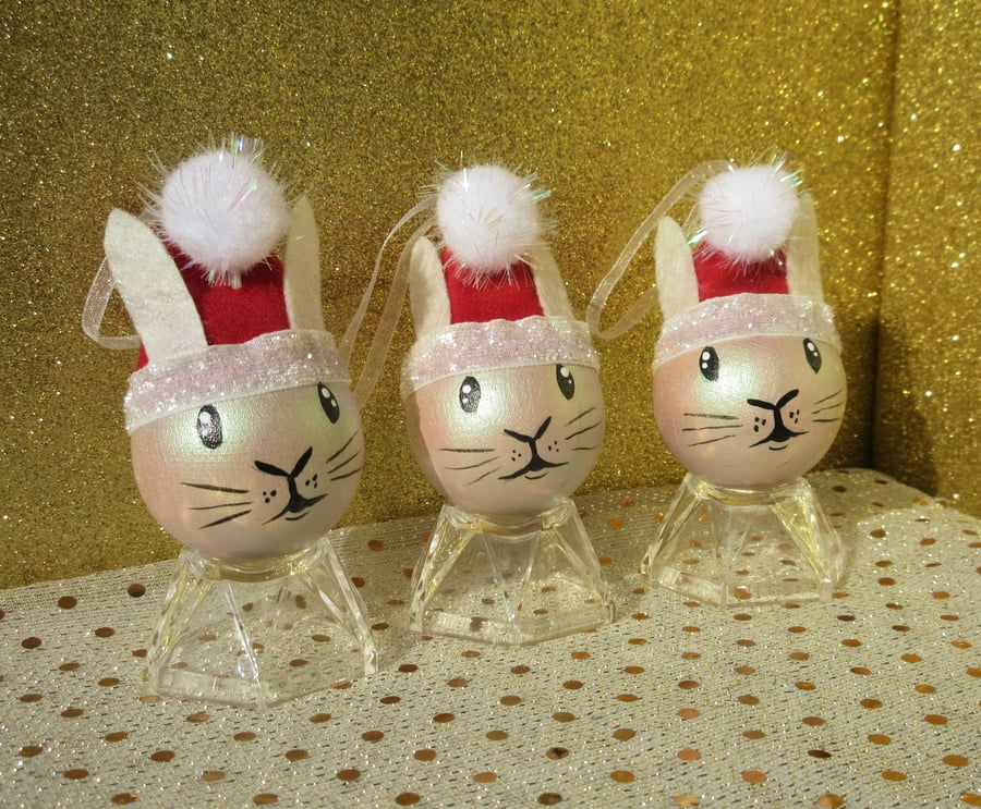Bunny Rabbit Christmas Tree Baubles Hanging Decoration in Pearl White Set of 3