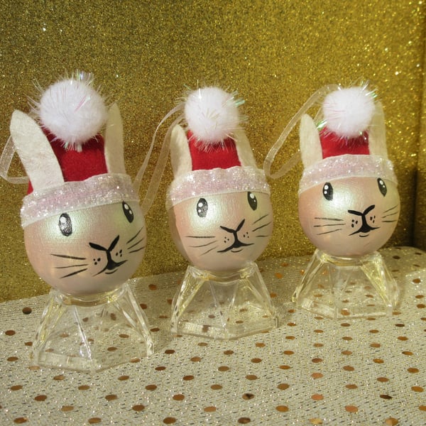 Bunny Rabbit Christmas Tree Baubles Hanging Decoration in Pearl White Set of 3