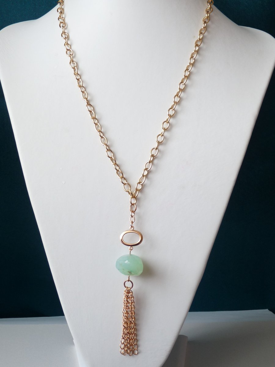 Chalcedony & Copper Tassel Drop Long Necklace 
