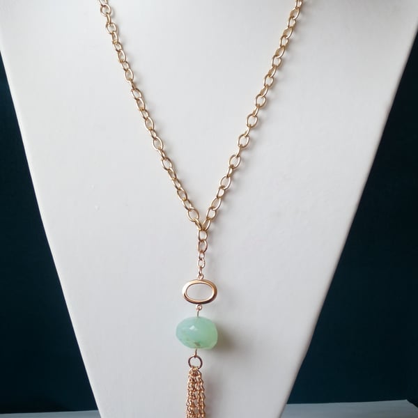 Chalcedony Tassel Drop Necklace  - Handmade - Genuine Gemstone