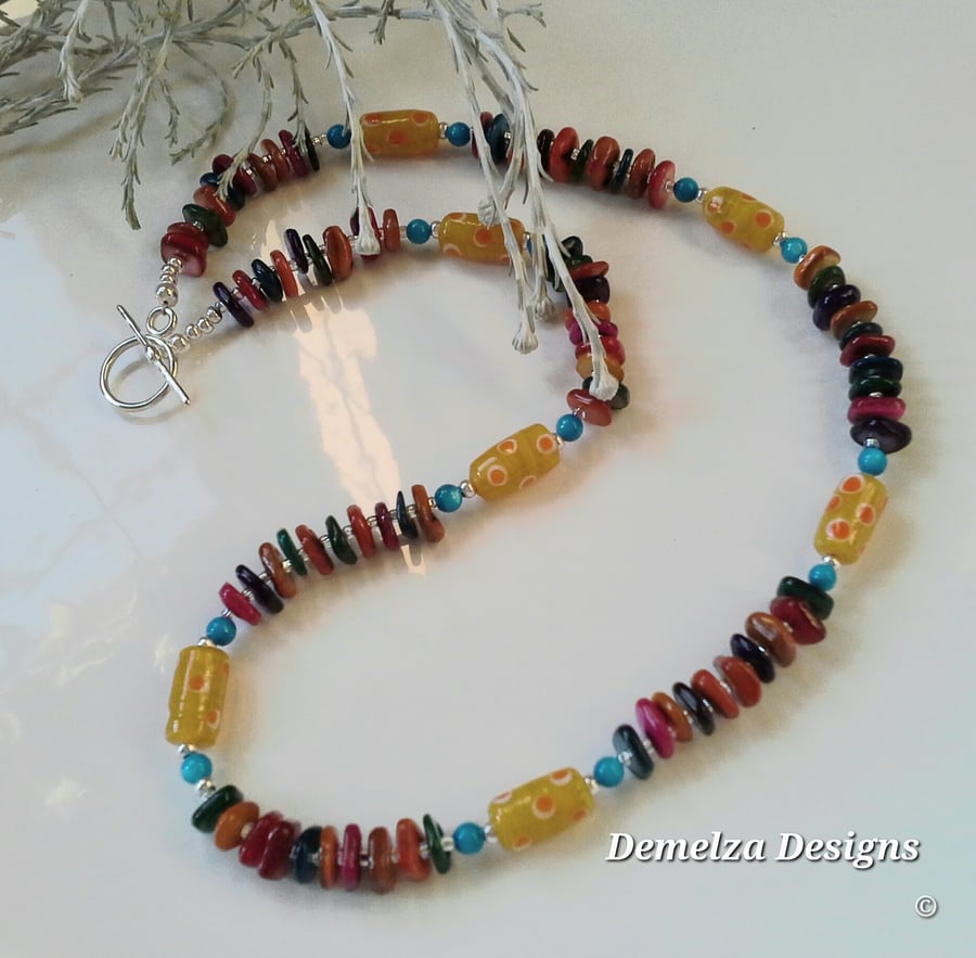 Mother of Pearl & Hand Blown Glass Beaded Necklace  Silver Plated 