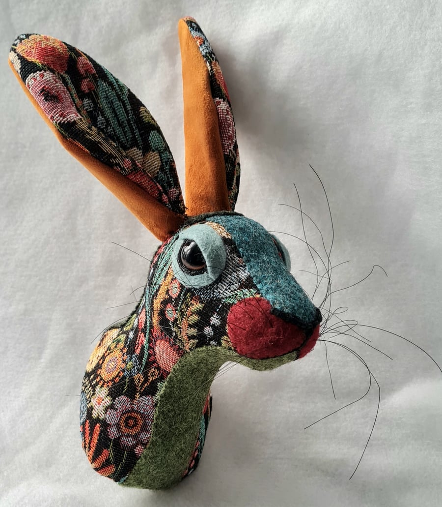 Faux hare head wall mount in floral tapestry fabric- Willow