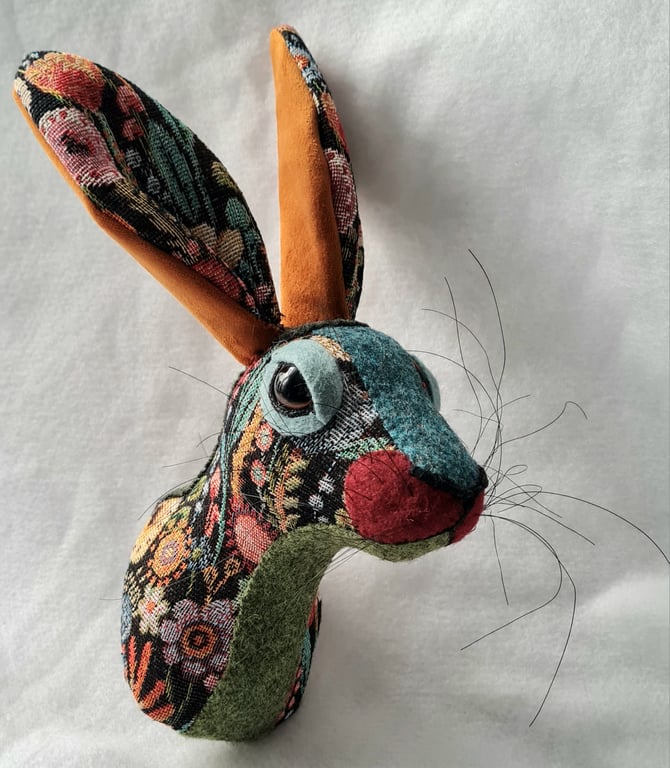 Faux hare head wall mount in floral tapestry fabric- Willow