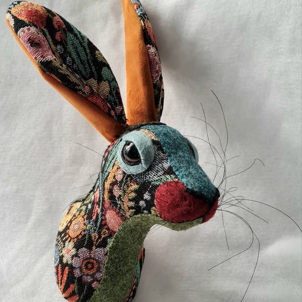 Faux hare head wall mount in floral tapestry fabric- Willow