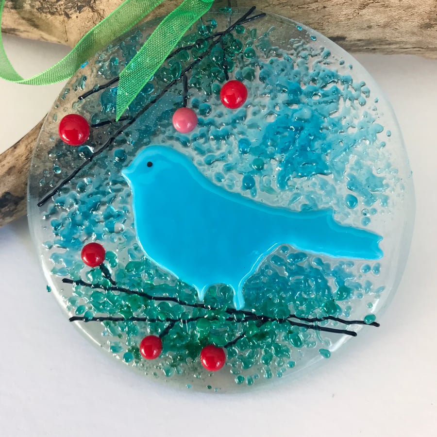 Fused glass bird suncatcher, housewarming gift, Mother’s Day, blue 