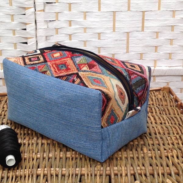 Denim and tapestry make up bag, craft bag, box zip pouch