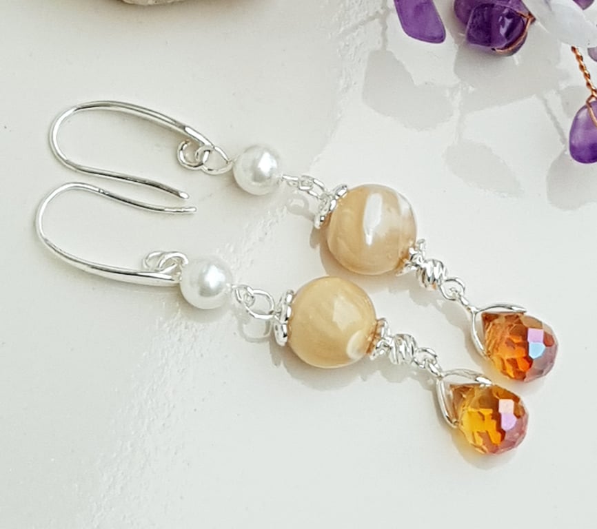 Mother of pearl drop earrings, handmade dangle earrings