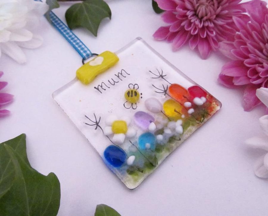 Personalised MINI Fused Glass Suncatcher (Daisy Meadow) - Made to Order