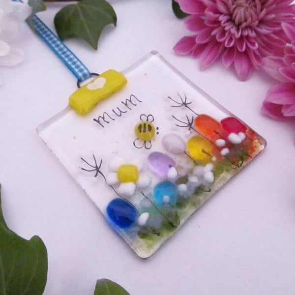 Personalised MINI Fused Glass Suncatcher (Daisy Meadow) - Made to Order