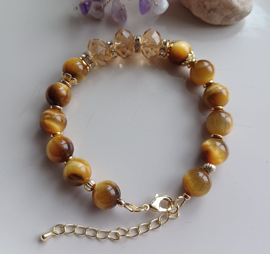 Tiger's eye and glass crystal beaded bracelet with adjustable chain