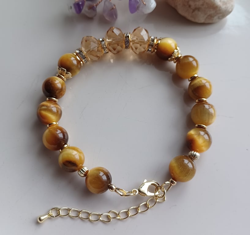 Tiger's eye and glass crystal beaded bracelet with adjustable chain
