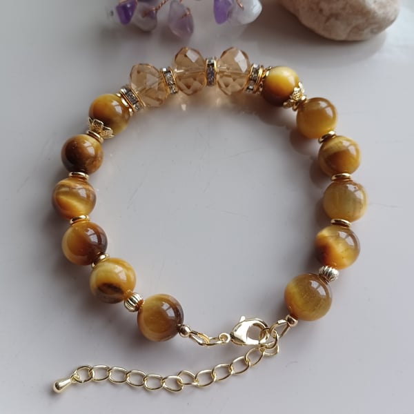 Tiger's eye and glass crystal beaded bracelet with adjustable chain