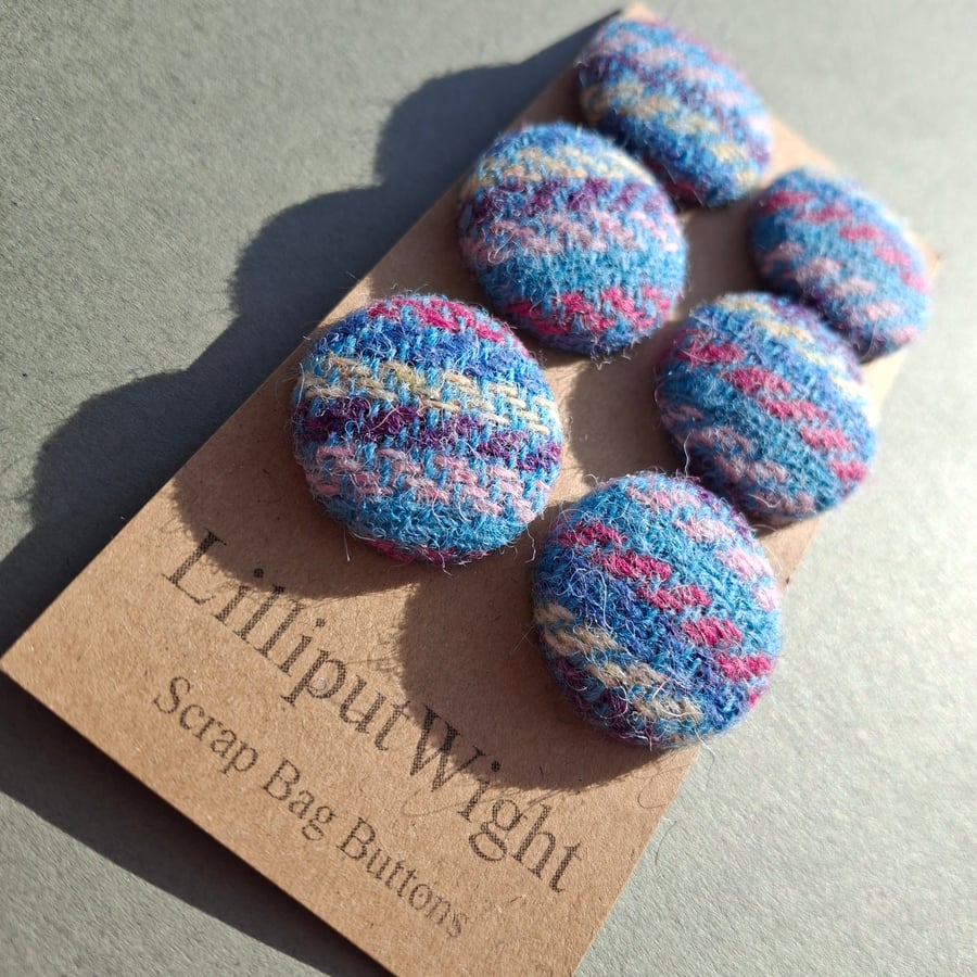 Set of six scrap bag buttons - teal blue and multi coloured Harris Tweed