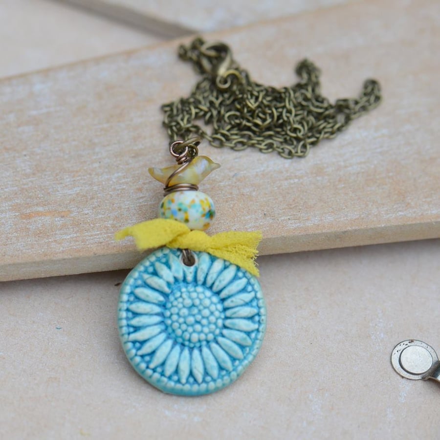 Turquoise Ceramic Daisy Pendant Necklace with Lampwork Bird and Bead 