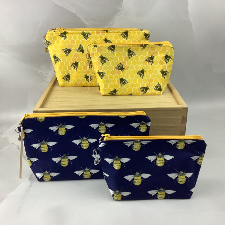 Bees makeup bag, Bumble bee zip bag, 2 pattern and size options, Handmade