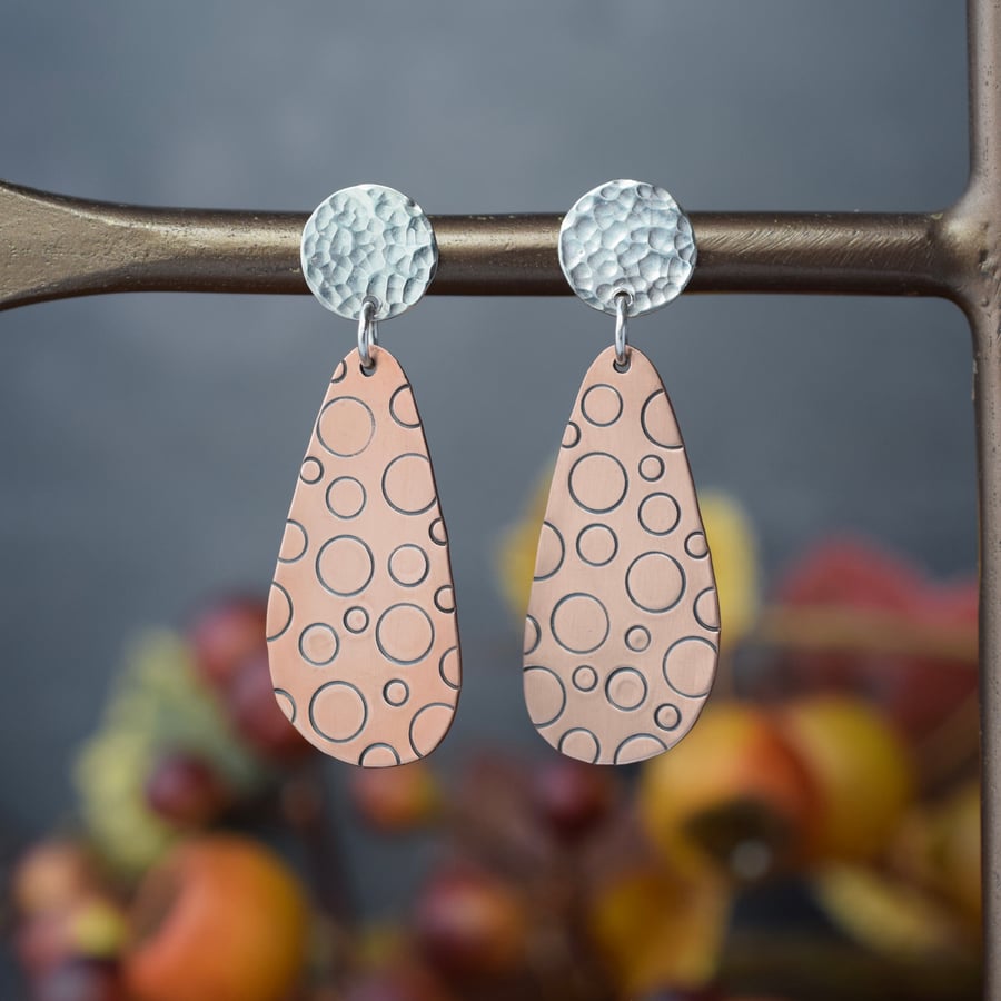 Silver and copper dangle earrings - Textured Artisan Handmade Jewellery 