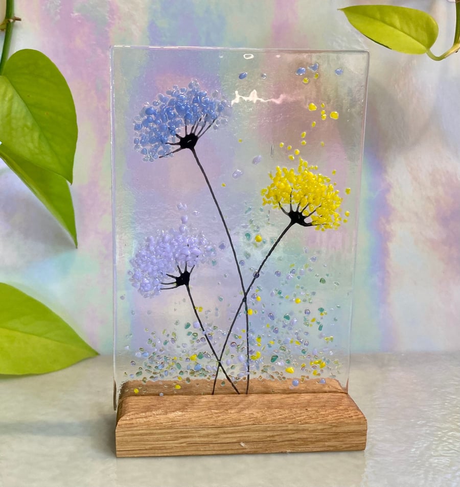Pastel shades whimsical Flower fused glass Art Picture Sun Catcher & Wooden Disp