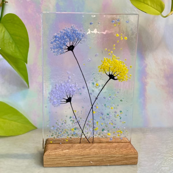 Pastel shades whimsical Flower fused glass Art Picture Sun Catcher & Wooden Disp